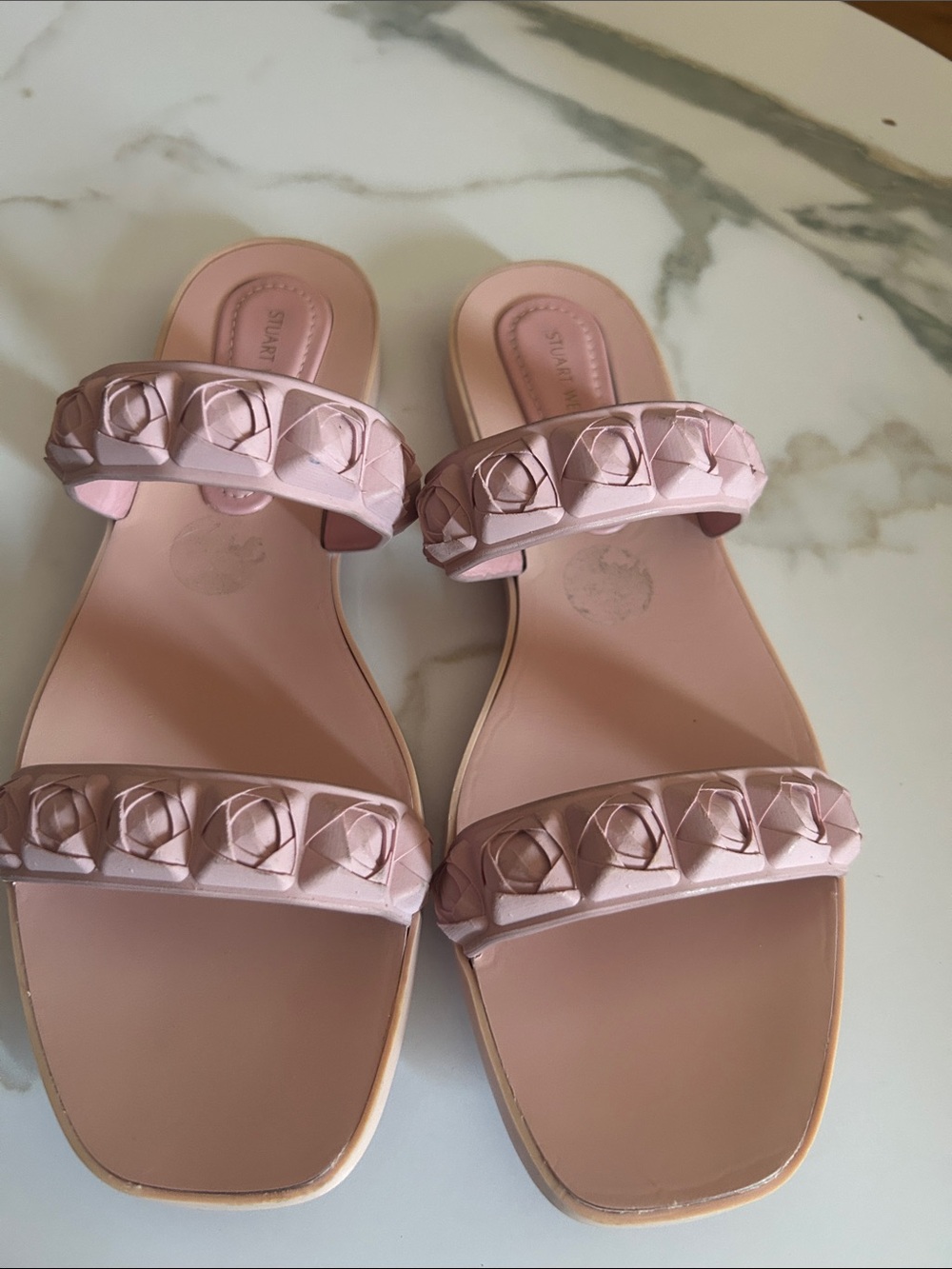 Stuart Weitzman Pale Pink Studded Double-Strap Slide Sandals